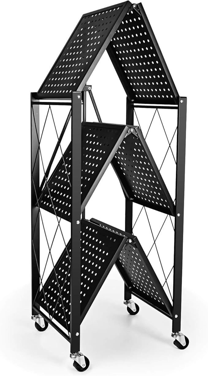 3-Tier Foldable Metal Shelves Heavy Duty Storage Shelving Unit with Wheels, Organizer Shelves for Garage Kitchen, Black