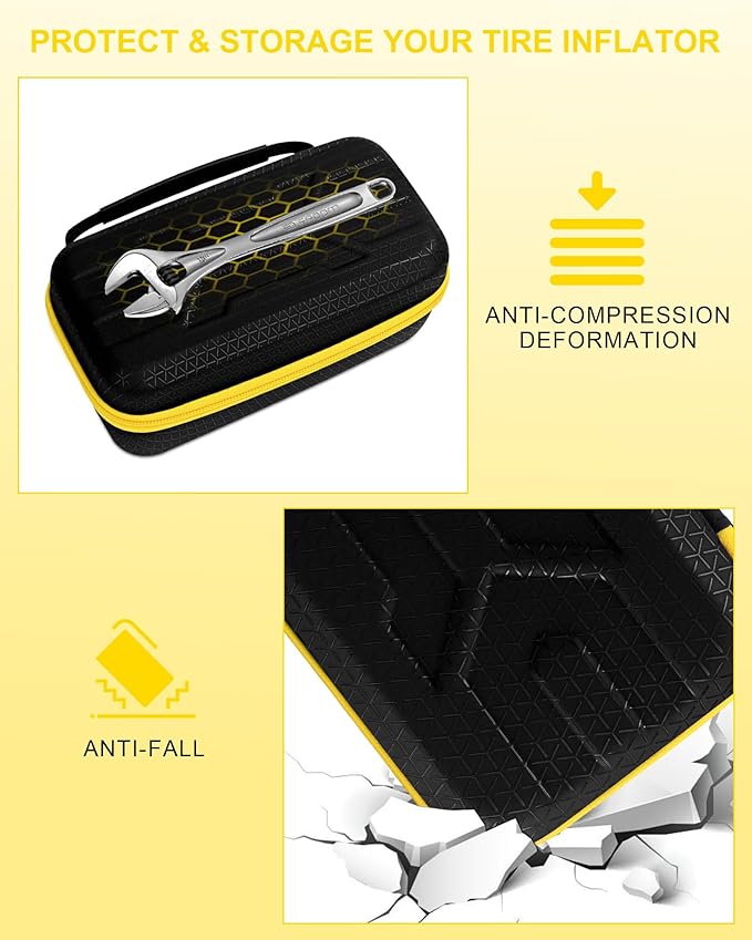 Tire Inflator Case for Airmoto/Skight/LOLSSA/Teffim/Hafuloky/Frarome/ILTIDE, Portable Carrying Air Compressor Case Compatible 120/150 / 180 PSI, Car Air Pump Storage Holder Box (black+yellow)