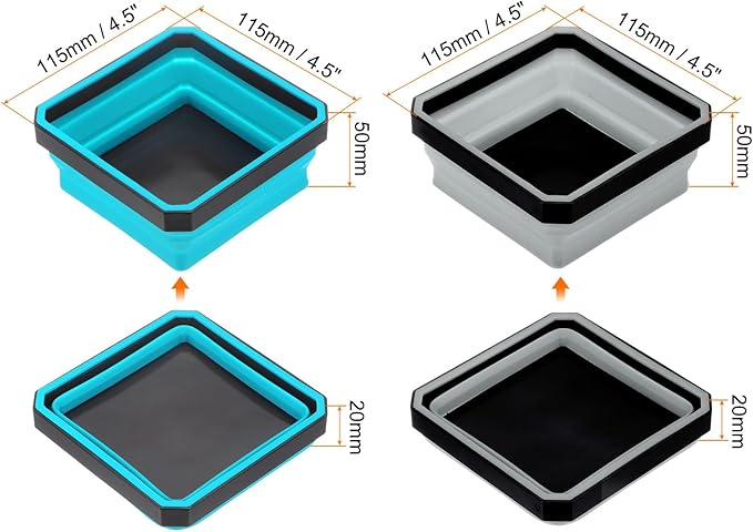 HARFINGTON 2Pcs Collapsible Magnetic Parts Tray Foldable Tool Trays Square Small Metal Parts Organiser for Fixing Screw Bolts Nuts Washers Pins, Sky Blue, Grey