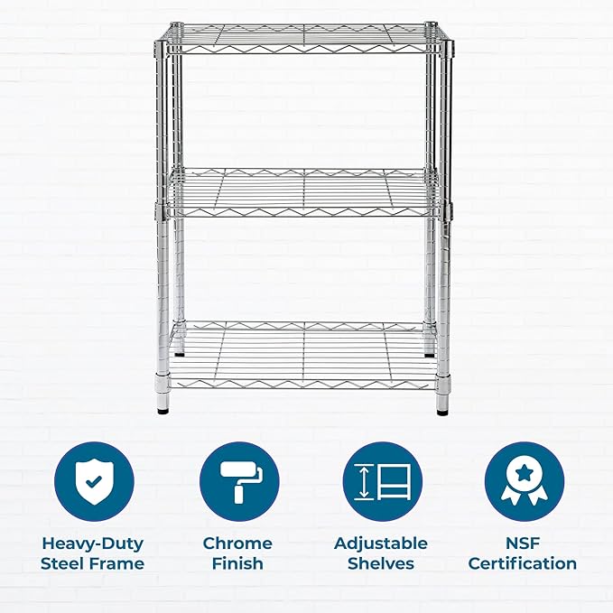 Honey-Can-Do 3-Tier Heavy-Duty Adjustable Shelves, Metal Storage Rack with 250-lb Shelf Capacity, Chrome, 14" W x 24" L x 30" H