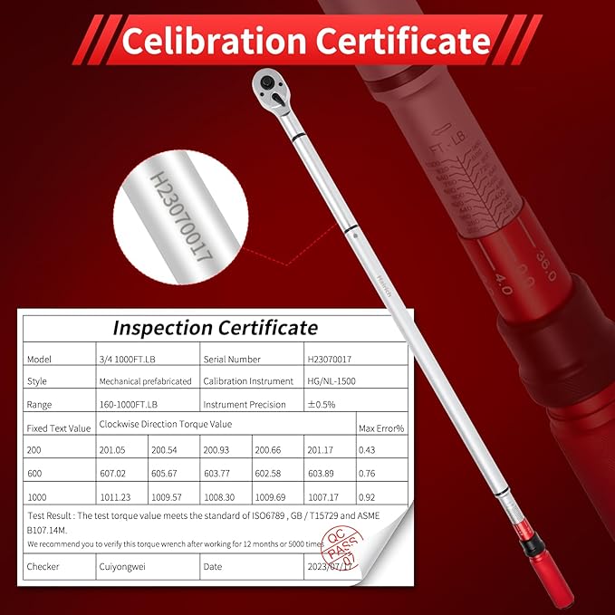 3/4-Inch Drive Click Torque Wrench, Dual-Direction Adjustable 48 tooth 160-1000ft.lb/217-1356Nm, Professional Inch Pound Torque Wrench, for Maintenance Tool and Product Assembly