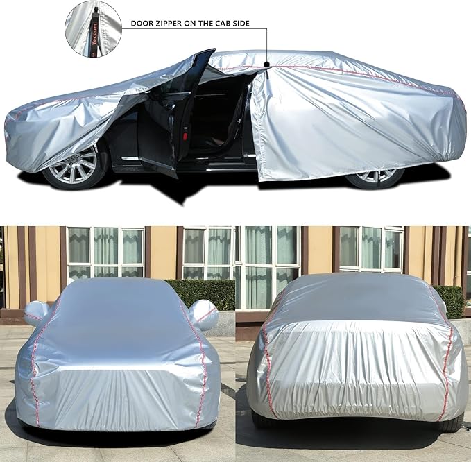 Tecoom Waterproof Sedan Car Cover Oxford W/Door Zipper, All Weather Car Cover for Automobiles, UV-Proof Windproof Hail Sun Snow Protection Indoor Outdoor Full Exterior Covers Fit 201-210 Inches