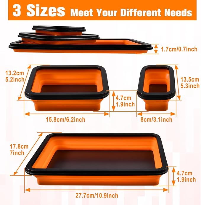 Collapsible Magnetic Parts Tray Set of 3 Sizes - Foldable Silicone Tool Tray Storage Organizer Double-Sided Magnetic Bowl for Screw, Bolts, Nuts, Washers, Pins and Other Small Metal Parts
