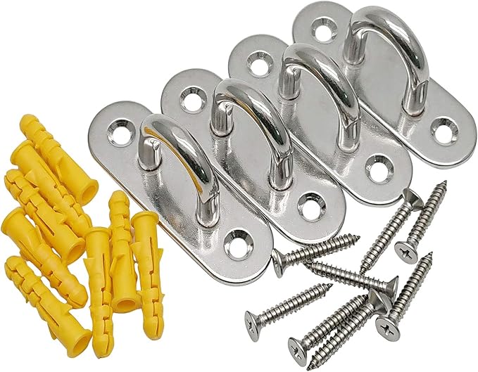 Hulless 4 Pcs 3.1 Inch 304 Stainless Steel Ceiling Hooks Pad Eyes Plate Marine Hardware Hooks with Screws
