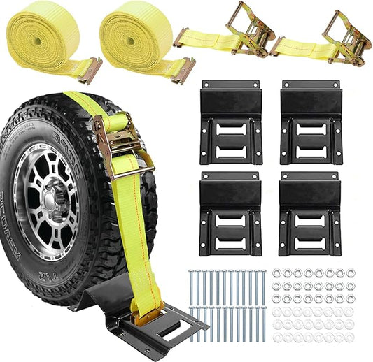1500LBS Wheel Chock Tie Down Kit for Trailer & Pickup Trucks - ATV, RZR, Lawn Mower, UTV Tie Down Straps -Heavy Duty Trailer Tire Straps System(2-Wheel Set)