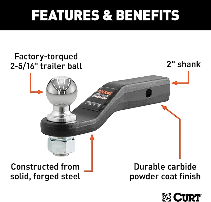 CURT 45331 Trailer Hitch Mount with 2-5/16-Inch Ball, Fits 2-Inch Receiver, 17,000 lbs, 2-in Drop | Hitch Pin Sold Separately