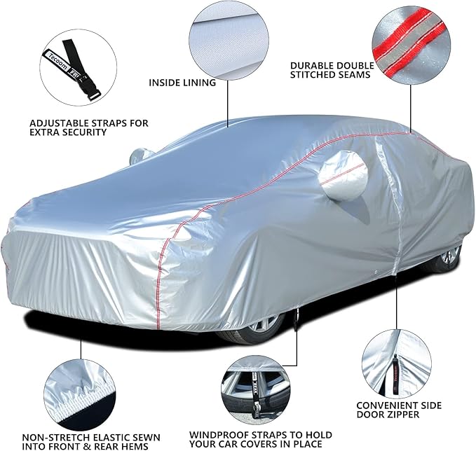 Tecoom Car Cover Waterproof All Weather Fit For Tesla Model 3 Toyota Corolla 2000-2023 Honda Civic 1991-2023, Kia Stinger/Forte, Subaru Legacy, Audi A3/A4/A5 etc, Car Cover Sedan With Lock/Door Zipper