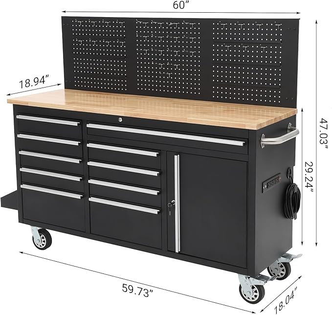 GAOMON 61-inch Rolling Tool Chest, 10 Drawers Garage Workbench Storage Tool Cabinet with Power Strip, Solid Rubber Wood Top, 1675 LBS Load Mobile Workstation, Heavy Duty Rolling Cabinet