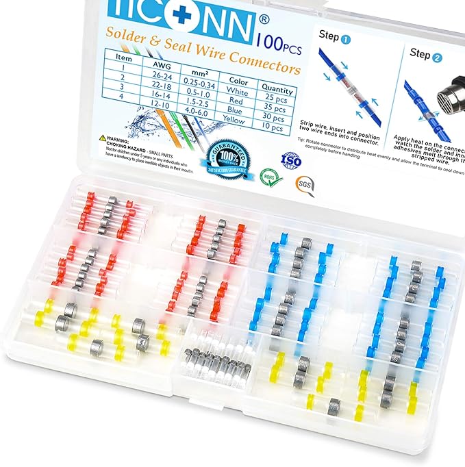 TICONN 100 Pcs Solder Seal Wire Connectors+ 350W Heat Gun with 2 Nozzles