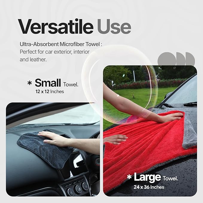 Crystal Clean 1300GSM Microfiber Towels for Cars – XL Drying Towel with Double Twisted Loop, Professional Detailing Towel Car Detailers - Quick Dry, Paint Safe & Swirl-Free (Grey+Red)