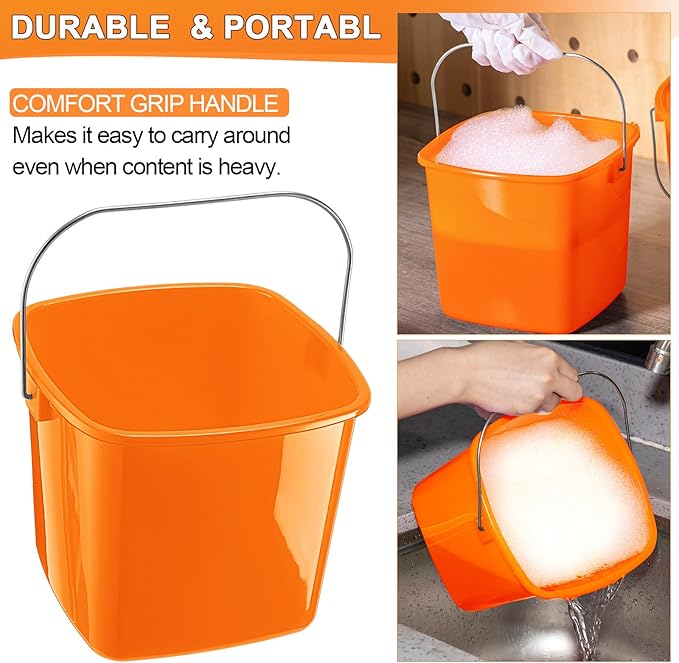 Zhehao 6 Pcs 3 Quart Bucket for Cleaning Small Sanitizer Bucket for Restaurant Square Plastic Pail with Handles for Home, Offices, Commercial Use, Food Service(Orange)