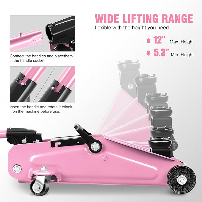 PM PERFORMOTOR Low Profile Hydraulic Trolley Service/Floor Jack, 1.5 Ton (3000 lbs) Capacity, Lifting Range 5.3"-12",Pink,PM-TOL-FJ15-PK