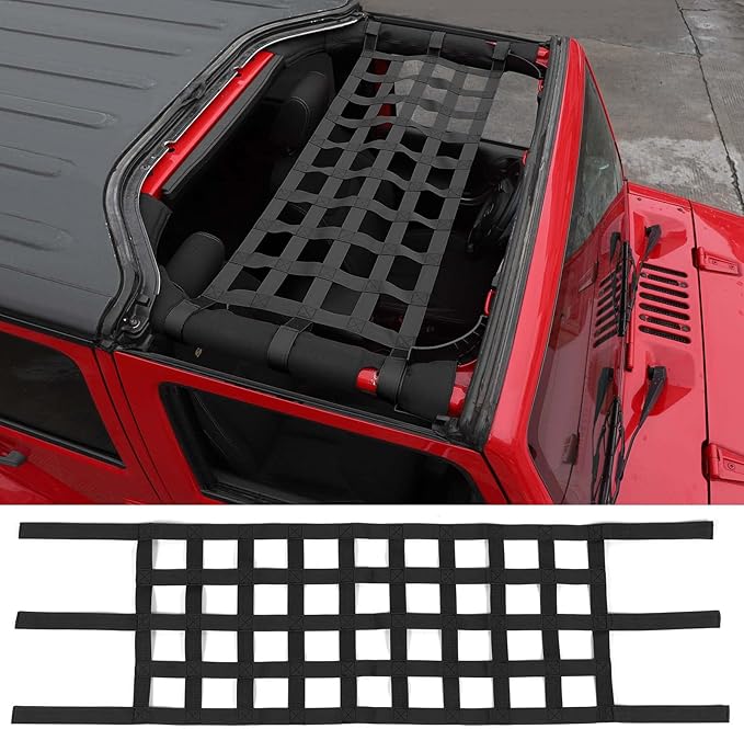JeCar Mesh Roof Cargo Net Upgrade Roof Hammock Exterior Accessories Compatible with Jeep Wrangler 1987-2023 YJ TJ LJ JK JKU JL JLU JT, Black