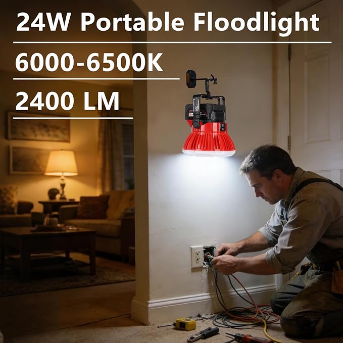 Work Light Cordless Floodlight for Milwaukee M18 18V Battery, 24W Flashlight 2400LM Portable Work Lights with SOS Flash, Tool Lights Workshop Home Repair Garage Camping (NO Battery Included)