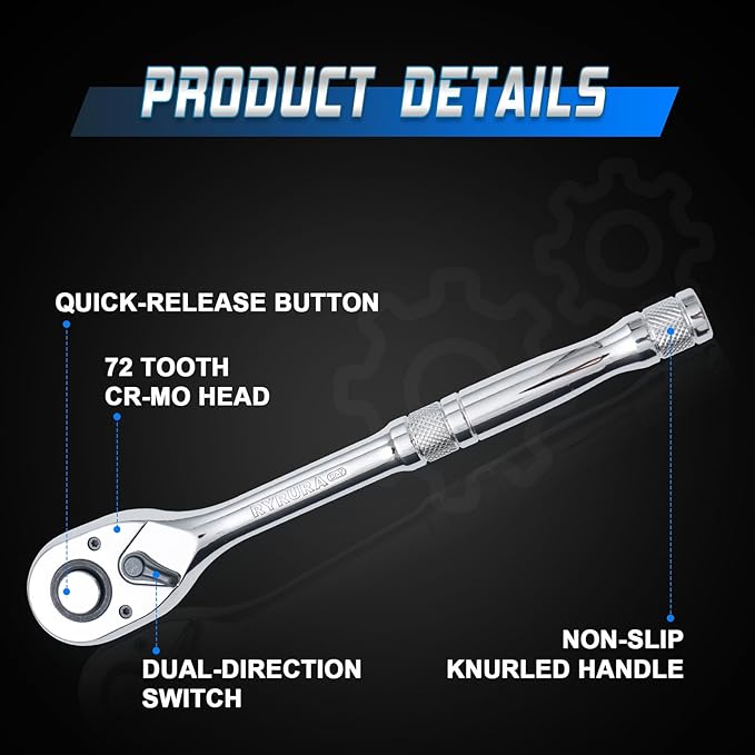 1/2-Inch Drive Ratchet Wrench,Standard Socket Wrench,72-Tooth Quick Release,Reversible Ratcheting Feature with Metal Handle