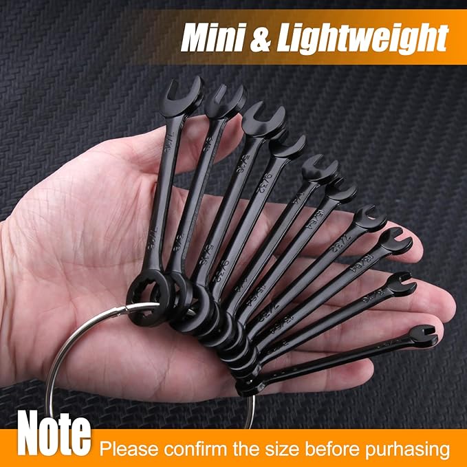 Mini Wrench Set Metric and SAE 20-Piece Ignition Wrench Set, 4mm-11mm & 5/32"-7/16" Open End and Box End Combination Wrench Kit Super Thin Small Spanner with Zipper Bag and Key Ring, Black