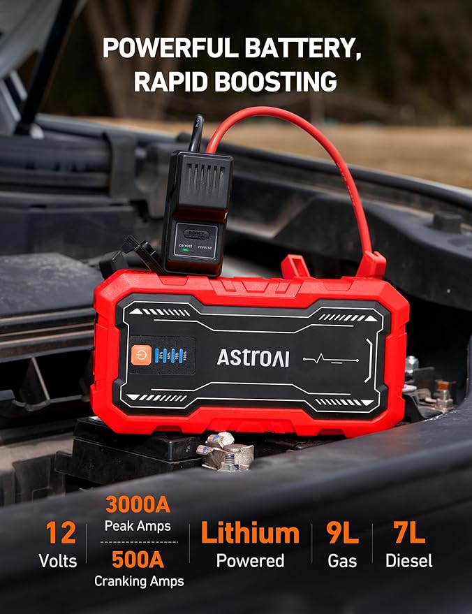 AstroAI S8 Pro Car Battery Jump Starter, 3000A Peak Jump Starter Battery Pack for Up to 9.0L Gas & 7.0L Diesel Engines, 12V Portable Jumper Box with 3 Modes Flashlight and Jumper Cables, Red