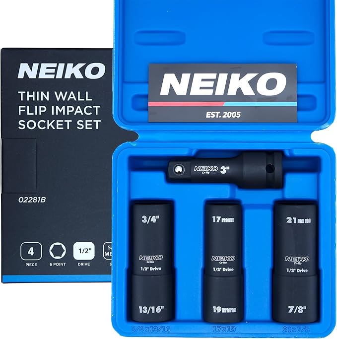 NEIKO 02281B 1/2" Drive Impact Flip Socket Set, Thin Wall Socket, 4 Piece Lug Nut Impact Socket Set, SAE and MM, 3” Extension Bar, Cr-Mo Steel, Impact Lug Nut Socket Set