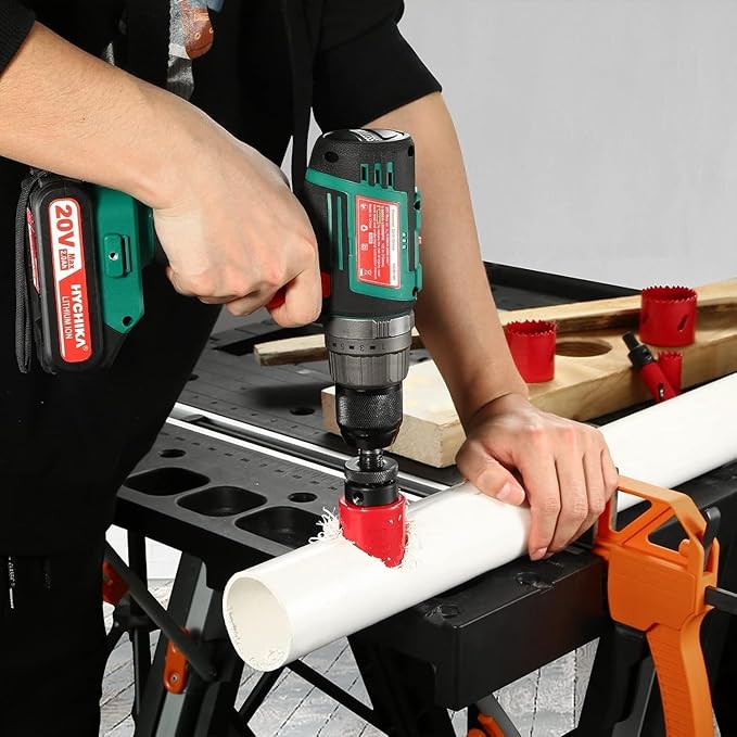 HYCHIKA 18V Cordless Hammer Drill Driver, Bi-Metal Hole Saw Kit 3/4" to 2-1/2", Tool Combo Kit