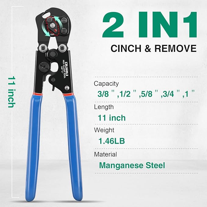 2 IN 1 Ratchet Pex Crimping Tool Pliers Cinch and Remove Combo Function Professional Pex Crimper Long Handle Pex Pinch Tool Pex Pipe Crimp Tool for 3/8" to 1" Stainless Steel Clamps in Plastic Box