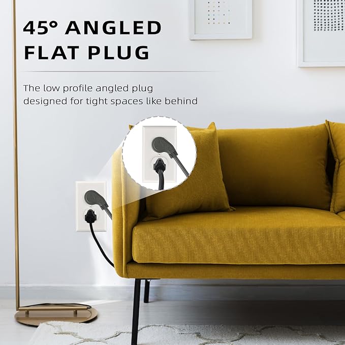 EP 2 Pack 3 Ft Flat Plug Extension Cord, 16 AWG 3 Prong Grounded Grey Low Profile Extension Cable for Indoor