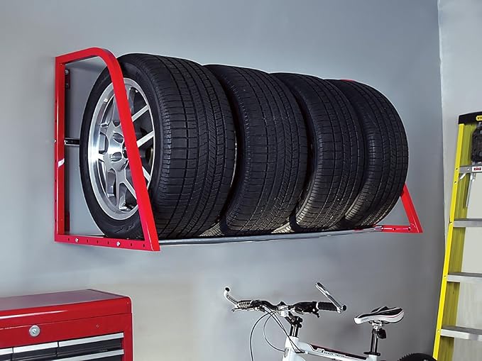 HyLoft Model 01012 Tire-Loft Multi Tire Storage System Rack, Adjustable Width of 36 Inches to 48 Inches, Holds Up To 375 Pounds, Red