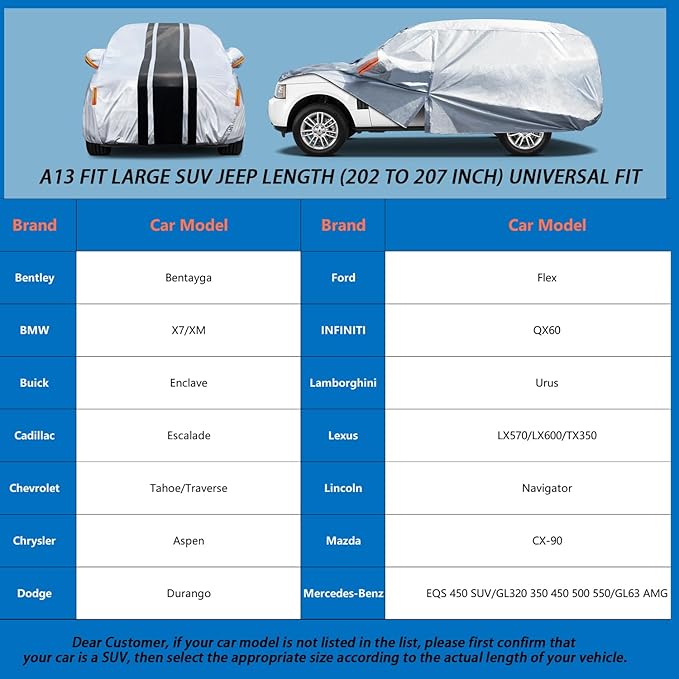 Heavy Duty 10-Layer SUV Car Cover Waterproof All Weather. Outdoor Full Exterior Covers for Chevrolet Tahoe, BMW X7, Dodge Durango, etc. Size A13 (Length 202 to 207 inch)