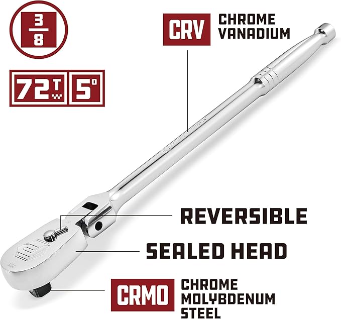 Powerbuilt 3/8" Drive Flex Head Extra Long Ratchet Handle, 11.5 Length Long Reach Seal Head Ratchet, 72 Tooth Gear-649934