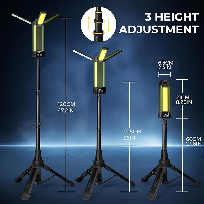 Rechargeable Work Light with Stand, Outdoor LED Cordless Camping Light with Portable Telescopic Bracket, 3.7 Ft Tall 6AH Battery, 2000 Lumen Construction Lights with Carrying Bag Green Medium