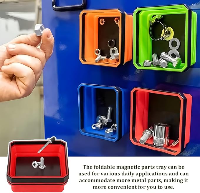 Collapsible Magnetic Car Parts Tray, Foldable Silicone Tool Tray with Magnetic Base, Double-Side Magnet Bowl for Auto Bolts, Screws, Nuts, Small Metal Parts, Universal Fit (Red)