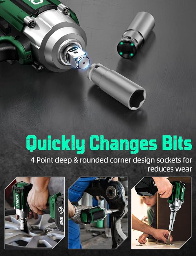 KIMO Cordless Impact Wrench, 1200N.m/900ft-lbs, 4000 RPM, 7Sockets High Torque Brushless Wrench with 3/8" Chuck, 4000mAh Li-ion Battery, Fast Charger, Variable Modes Power Impact Driver for Car Tires