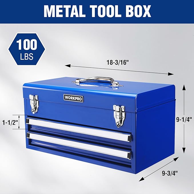 WORKPRO Tool Box with Drawers, 18 Inch with 2 Drawers and 1 Top Storage, Portable Toolbox with Metal Latch and Liner for Garage, Office and Home Storage, 100 LBS Load Capacity (Totally)