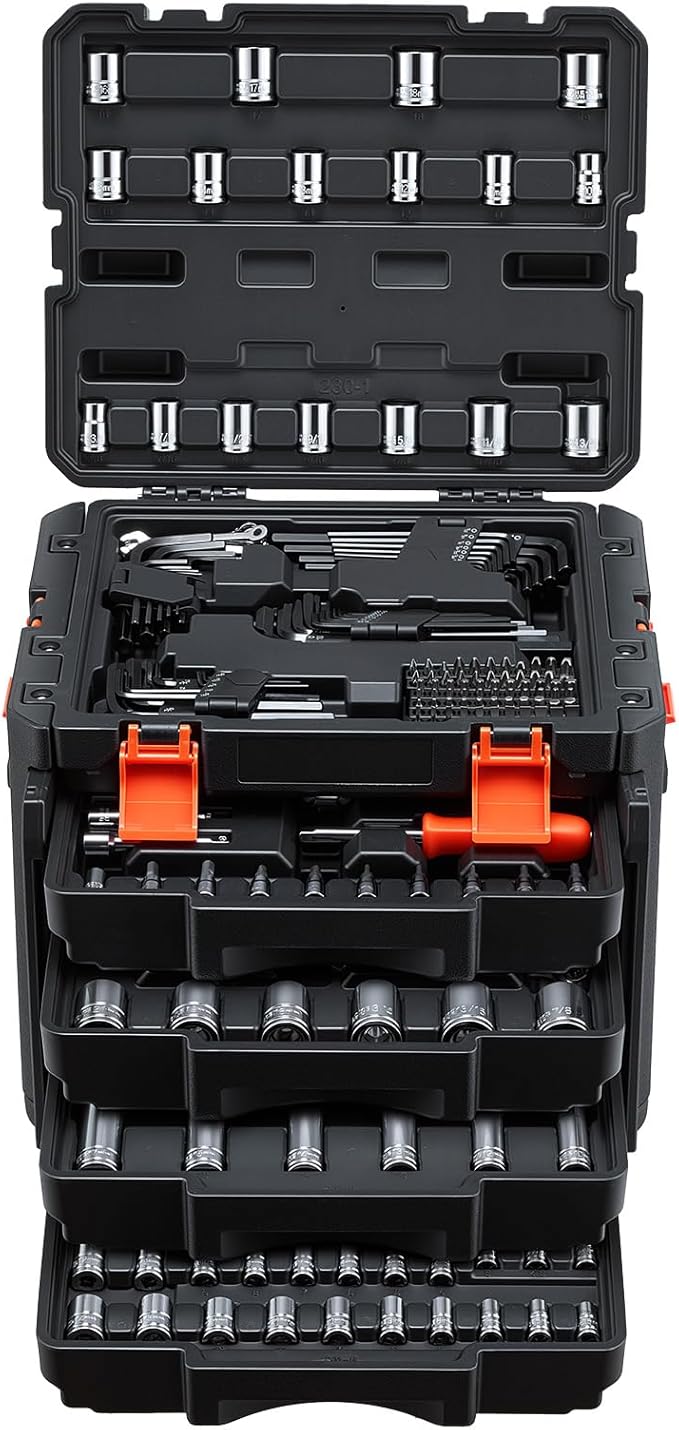 VEVOR Mechanics Tool Set, 230-Piece Mechanic Tool Kit, 1/4 in, 3/8 in, and 1/2 in Drive, SAE and Metric Socket Set, Wrenches, Screwdriver Bits, Accessories, and Storage Case, for Automotive Repair