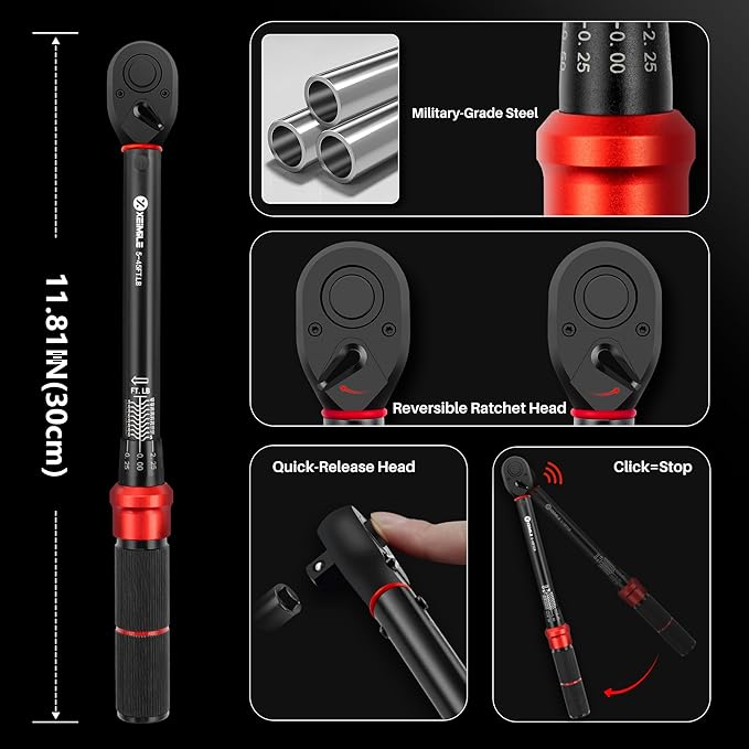 3/8-Inch Drive Click Torque Wrench - 5-45 Ft-Lb/6.8-61Nm, Dual-Direction Adjustable 72 Tooth Click Torque Wrench with Dual Range Scales, High 3% Precision for Bike, Motorcycle and Car Repair