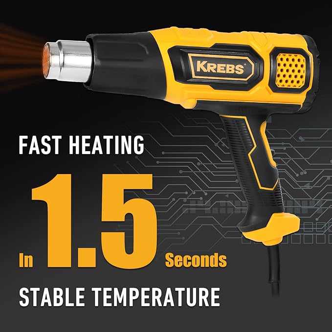 KREBS Heat Gun 1500W 140℉~932℉（60℃- 500℃）Fast Heating Heavy Duty Hot Air Gun Kit Variable Temperature Control Overload Protection with 4 Nozzles for Crafts, Shrinking PVC, Stripping Paint(5.6FT)