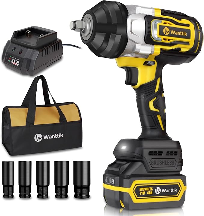 Cordless Impact Wrench 1/2 inch Impact Gun with Charger & 5 Sockets, Brushless Motor, 1000Ft-lbs, 21V, 4.0Ah Battery, Variable Speeds for Car/Pickup Truck/Mower/Industrial Tasks