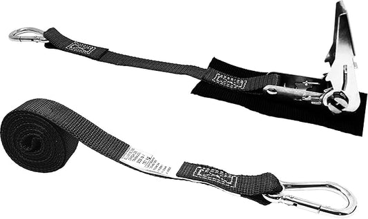 1 Inch Stainless Steel Ratchet Strap, Protective Pad Under Buckle Stainless Steel Carabiner Clip with Grommet On Each End, Fixed End Strap, Total Strap Length 8 Ft