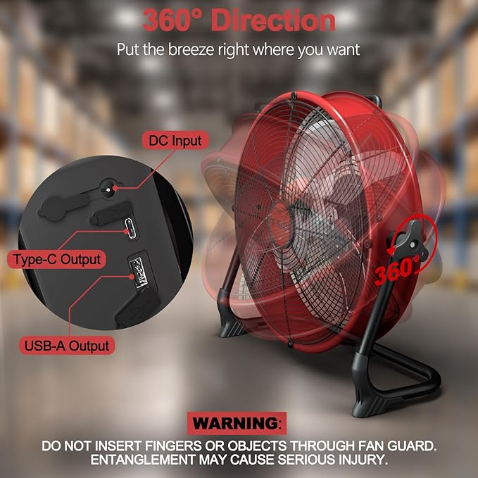 T-SUN 12" Battery Power Floor Fan Compatible with Mil-wau-kee Battery, Portable Fan with AC Adapter and USB Output, Stepless Speed Cordless Fan, Metal High Velocity for Jobsite Outdoor Camping