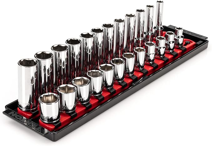 TEKTON 3/8 Inch Drive Shallow and Deep 6-Point Socket Set with Rails and Tray, 24-Piece (8-19 mm) | SHD91215