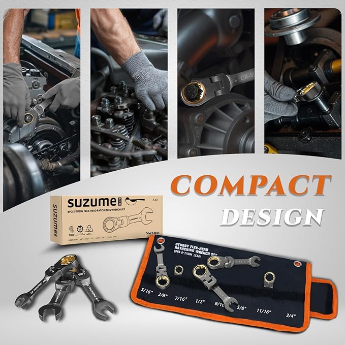 SUZUME 8-Piece Stubby Wrenches Set SAE (5/16” to 3/4”) 10K Gear Cycles Tested 180° Flex Head CR-V 90-Tooth for Tight Spaces Engine Bays & Motorcycle Repair with Rolling Pouch