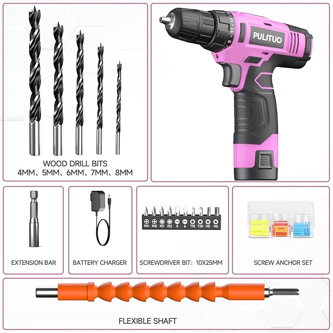 PULITUO 12V Pink Cordless Drill Set - Power Drill Kit with Battery and Charger, 3/8-Inch Keyless Chuck, Built-in LED, 21+1 Torque Setting