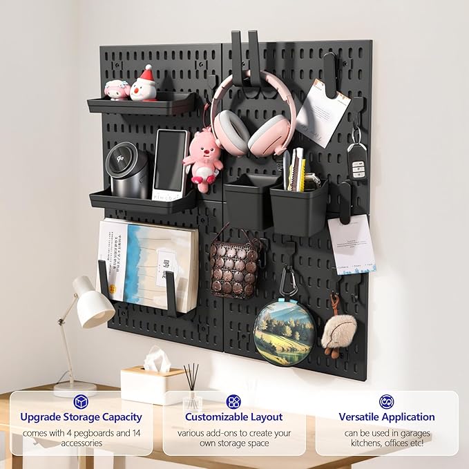 Pegboard Combination Kit, Modular White Pegboard Wall Organizer with 4 Pegboards & Accessories Hanging for Gaming Office Wall Storage Organizer, Crafts Displays (Black)