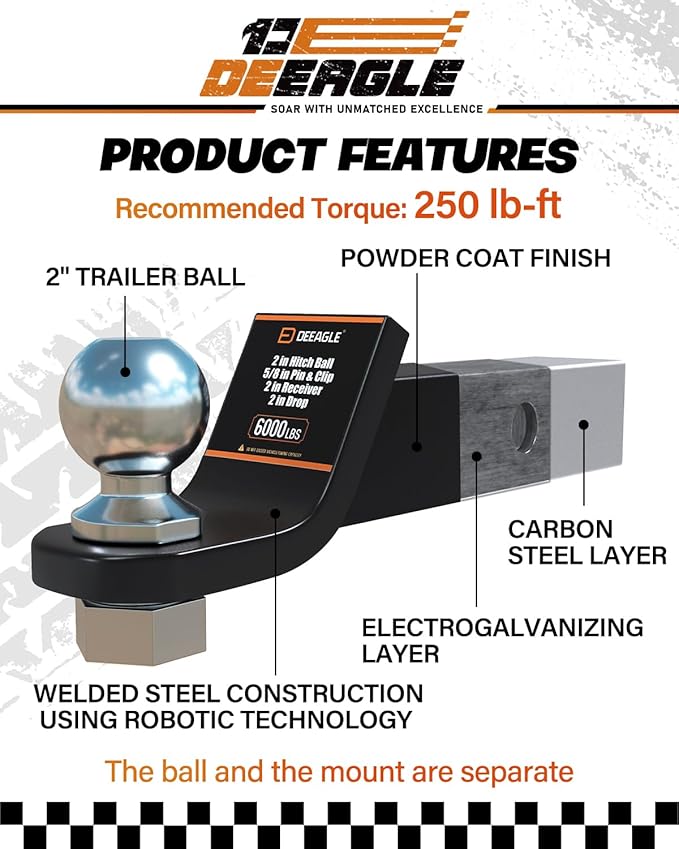 DEEAGLE 2 inch Ball Hitch with Pin, Heavy Duty Steel Receiver Hitches, Trailer Ball Hitch Fits 2 inch Receiver, 6000lbs, 2 in Drop