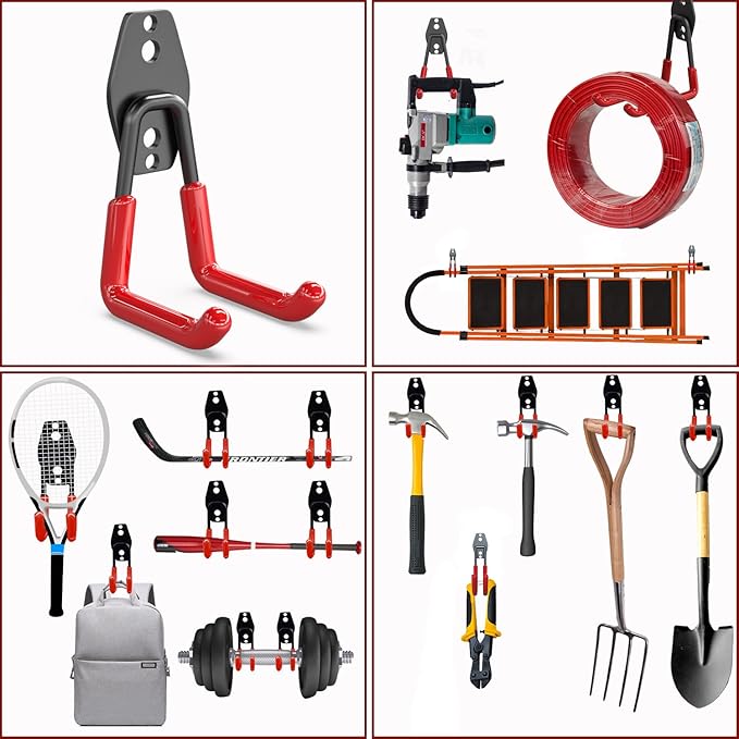 3-H Garage Wall Hooks Heavy Duty 8 Pack, Anti-Slip Steel Wall Mount Storage Hooks for Hanging Ladder Garden Yard Tools, Utility Organizer for Garage Lawn Shed(Red)