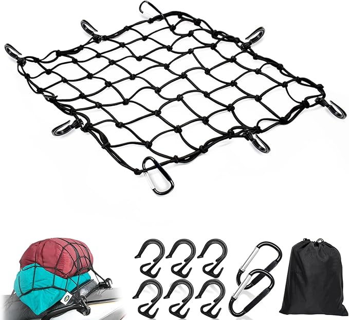 Cargo Net Motorcycle Fuel Tank Net Natural Latex Core, 15"x 15" Extends to 30"x 30" with 2"x 2" Mesh for Motorcycle Helmets, Bikes, ATVs, UTVs, Luggage (Black, 1 Pack)