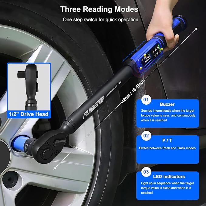 1/2" Digital Torque Wrench 1.5-99.56 Ft-lb (2-135 Nm) with 3/8" Adapter, Electronic Inch Pound Torque Wrench 3/8", 5 Units ±1% Accuracy with Buzzer & LED Alerts for Car Bike Moto