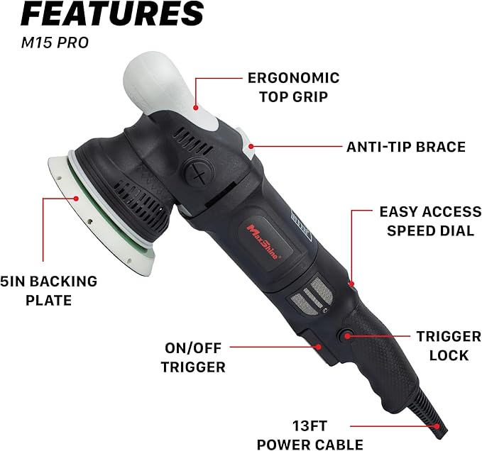 Maxshine M15 Pro Dual Action Polisher & AIO Polish Kit – 15mm Long Throw, 1000W Power, 5″ Backing Plate, Variable Speed 2,500–5,000 OPM – Professional Car & Marine Paint Correction