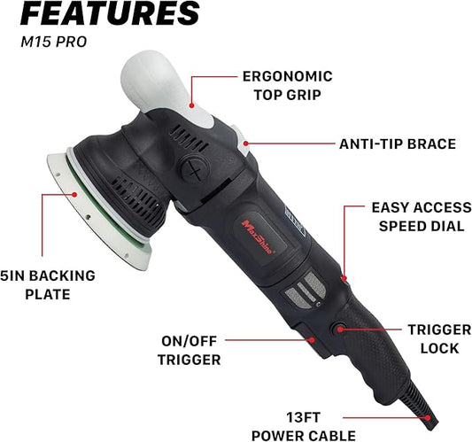 Maxshine M15 Pro Dual Action Polisher & AIO Polish Kit – 15mm Long Throw, 1000W Power, 5″ Backing Plate, Variable Speed 2,500–5,000 OPM – Professional Car & Marine Paint Correction