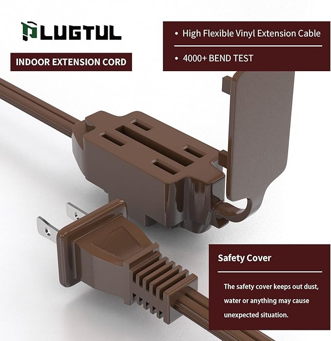 PLUGTUL Indoor Brown Extension Cord 15 Feet, 3-Outlet Household Extension Cord, 2 Prong, 16 Gauge, 3 Polarized Outlets with Safety Cap Protect for Home Office, 16/2 SPT-2 ETL Listed