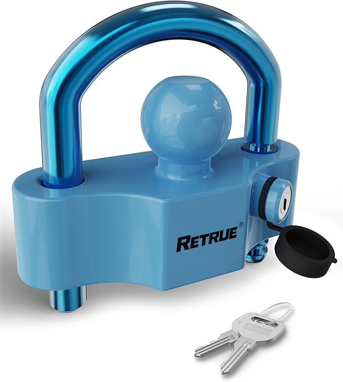 RETRUE Universal Coupler Lock Trailer Locks Ball Hitch Trailer Hitch Lock Adjustable Security Heavy-Duty Steel Fits 1-7/8 Inch, 2 Inch, 2-5/16 Inch Couplers Blue & Blue